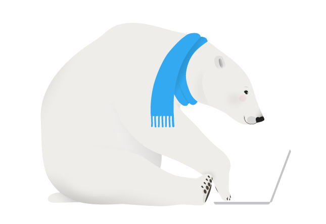 Piirretty jääkarhu istuu tietokoneella